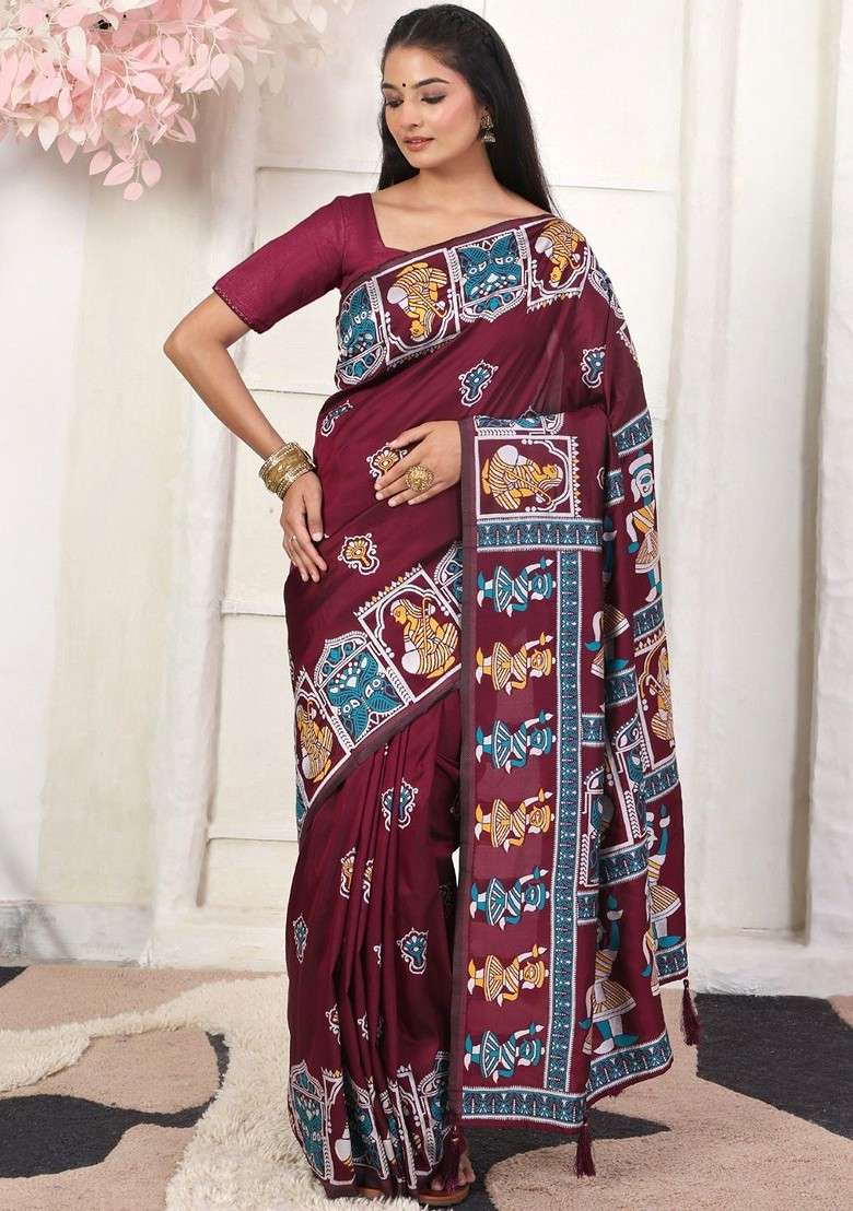 Maroon Printed Blended Saree Set - Indya