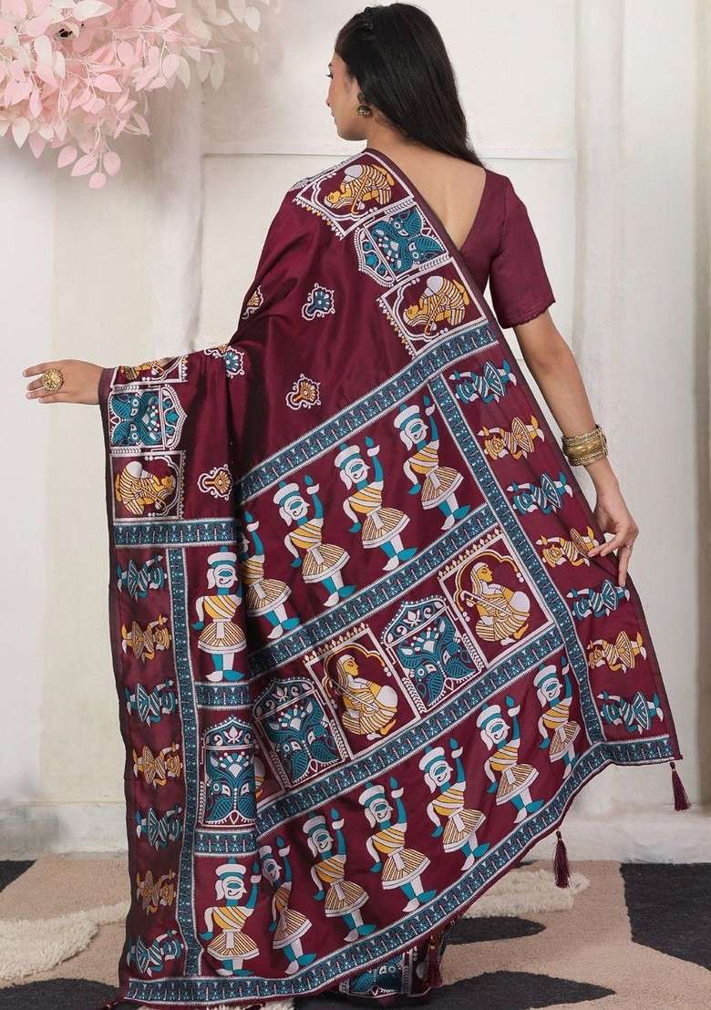 Maroon Printed Blended Saree Set - Indya