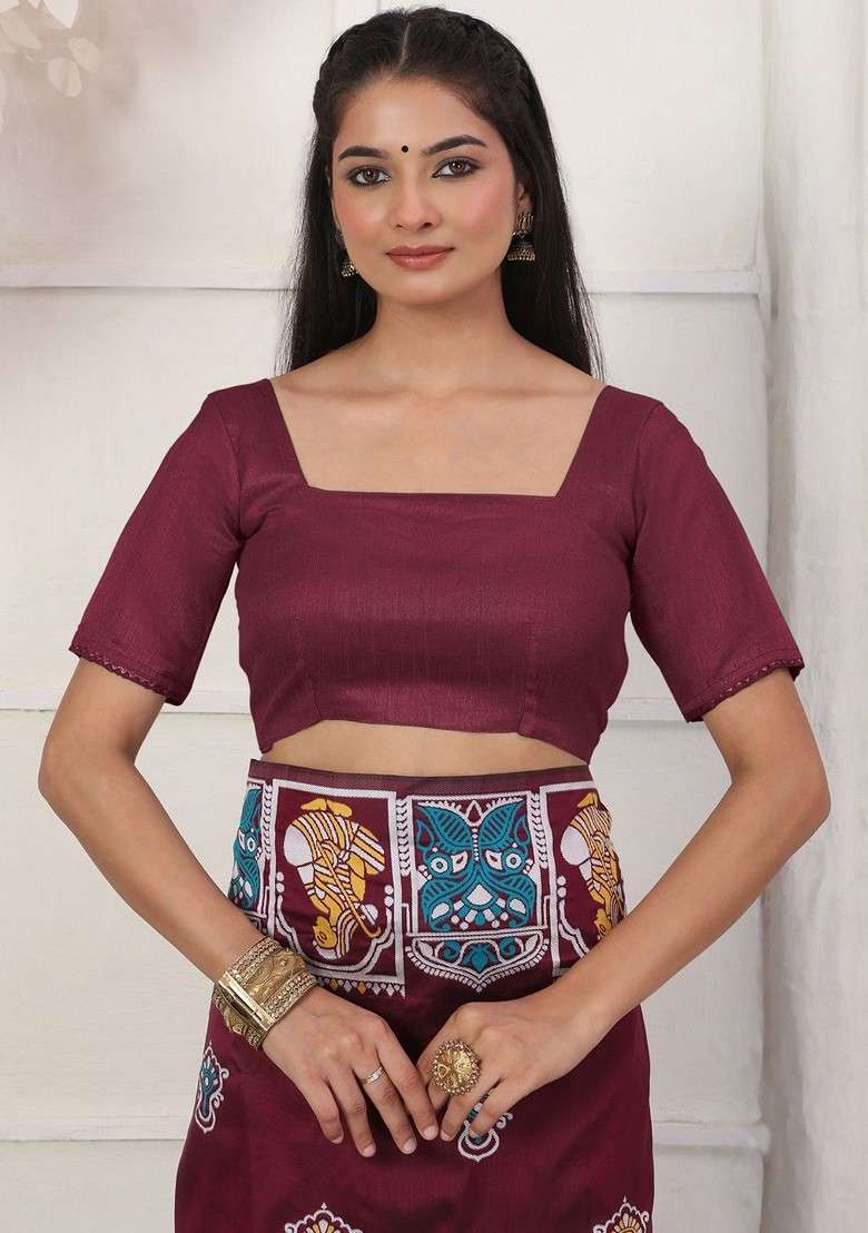Maroon Printed Blended Saree Set - Indya