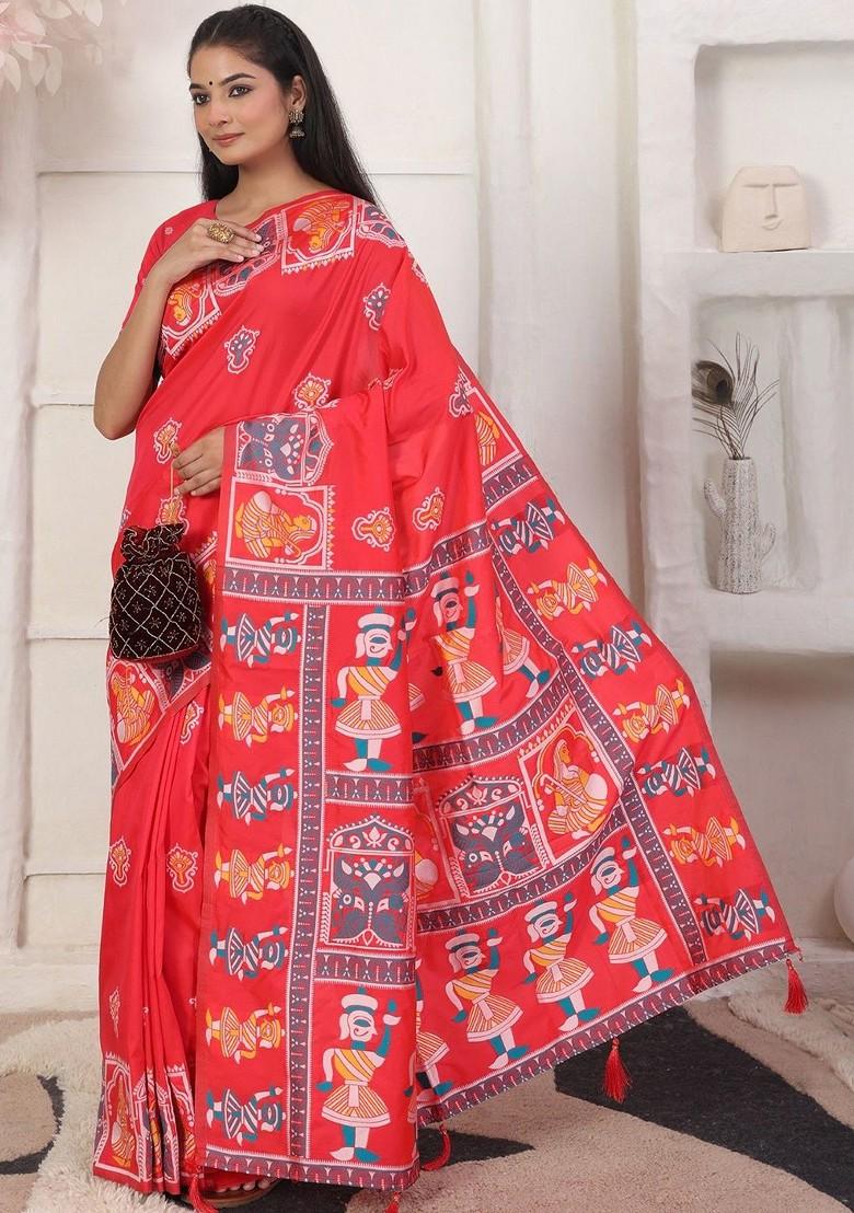 Red Printed Blended Saree Set