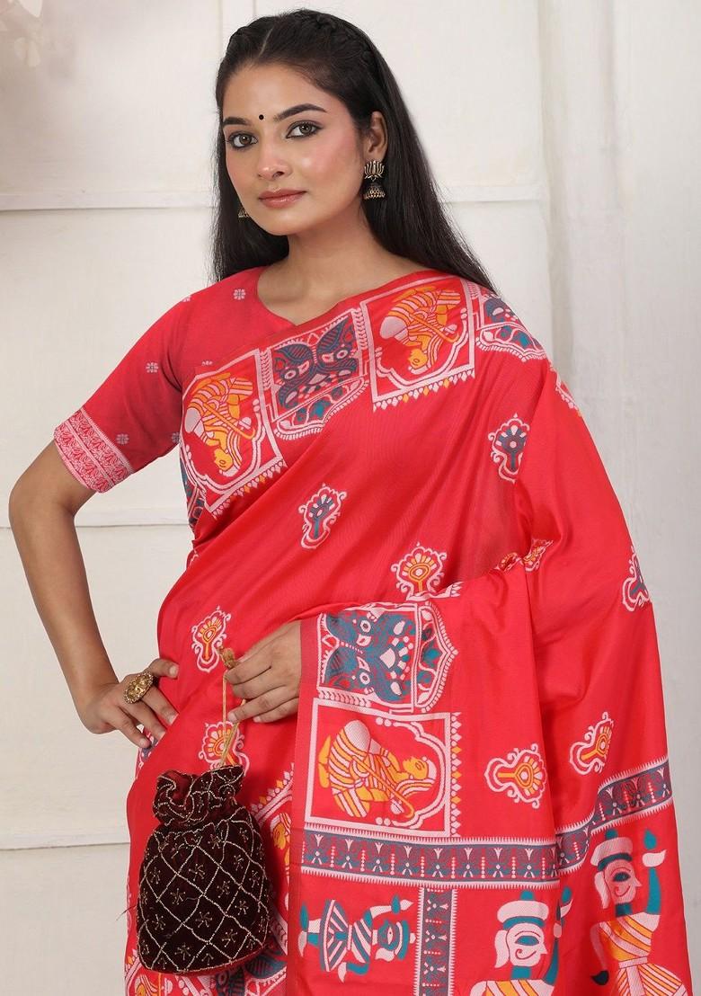 Red Printed Blended Saree Set