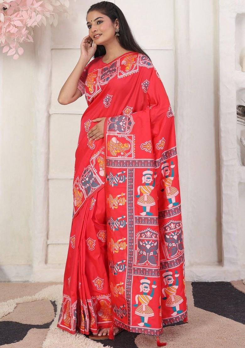 Red Printed Blended Saree Set