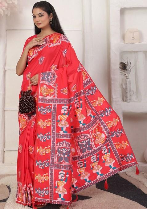Red Printed Blended Saree Set
