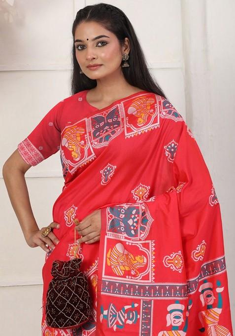 Red Printed Blended Saree Set