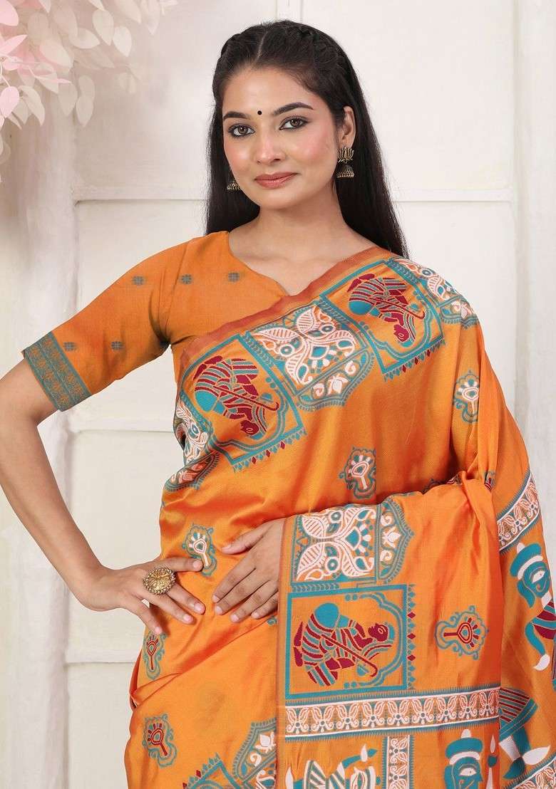 Orange Printed Blended Saree Set - Indya