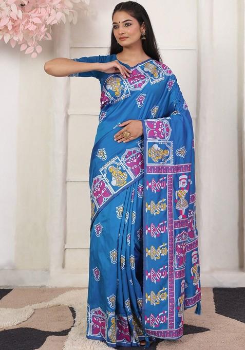 Blue Printed Blended Saree Set