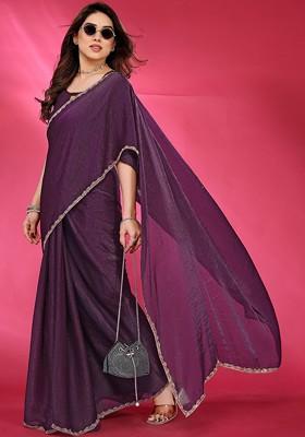 Purple Solid Blended Saree Set