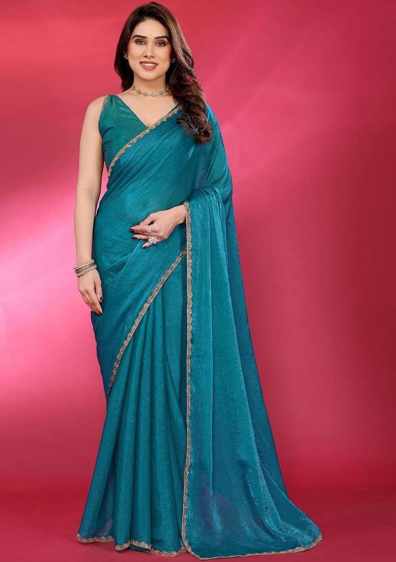 Blue Solid Blended Saree Set - Indya