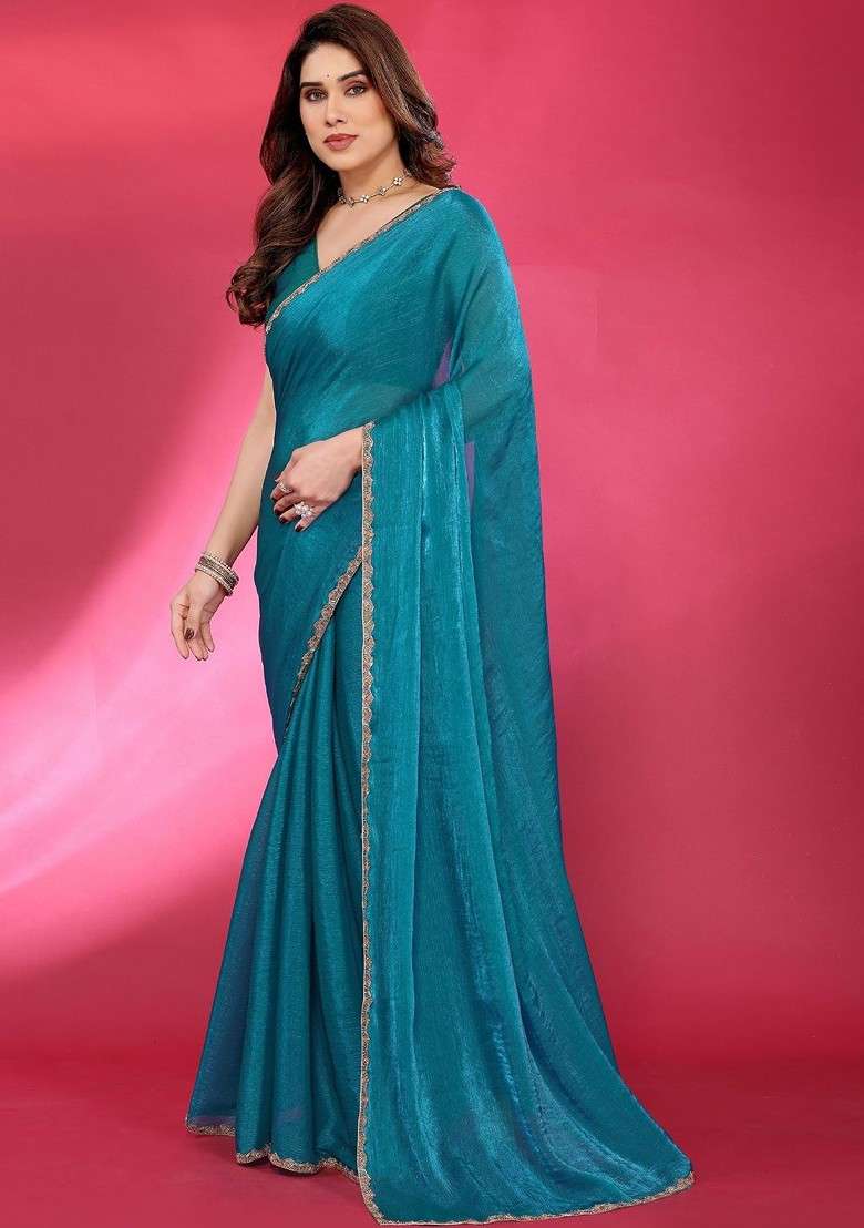 Blue Solid Blended Saree Set - Indya