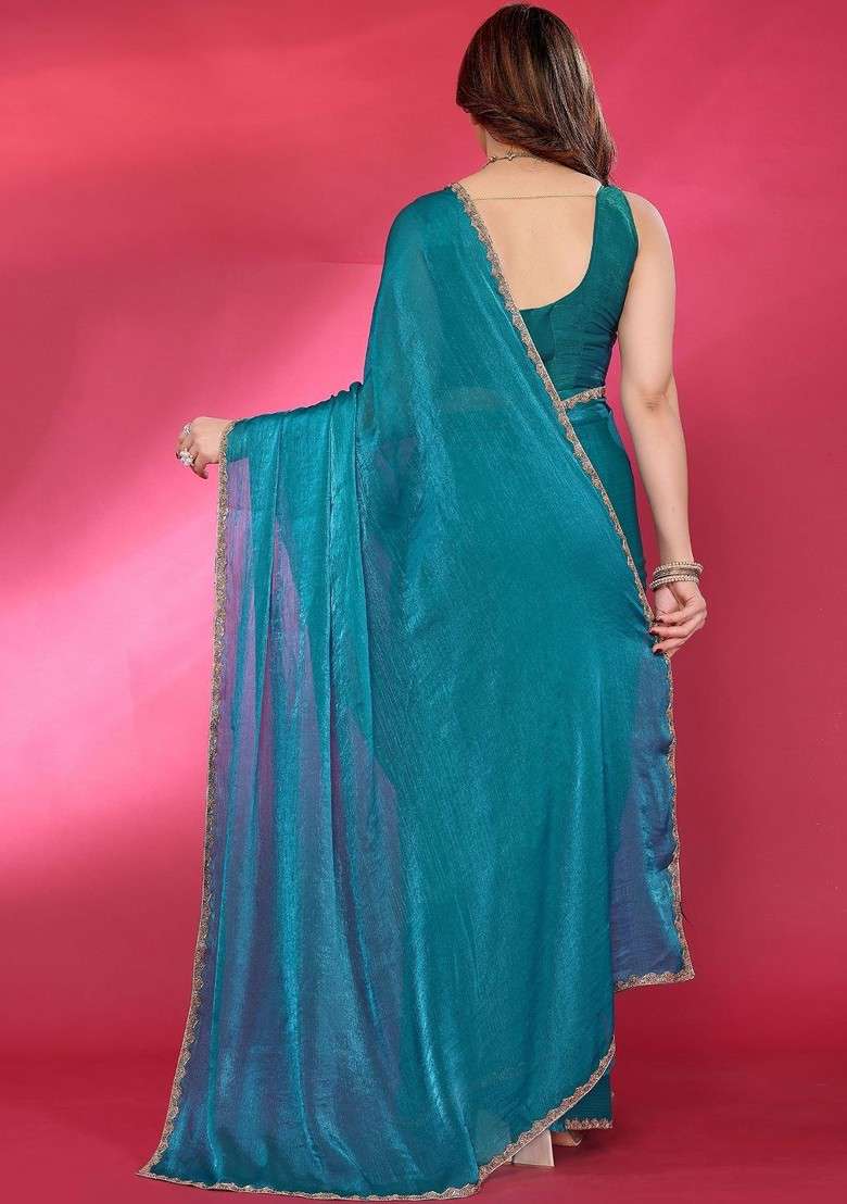 Blue Solid Blended Saree Set - Indya