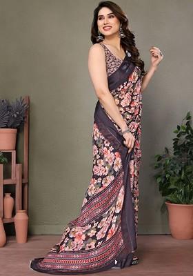 Peach Embroidered Blended Saree Set