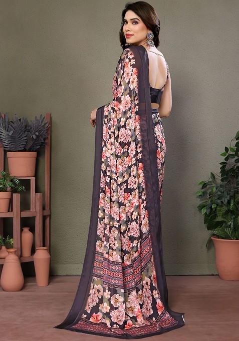 Peach Embroidered Blended Saree Set