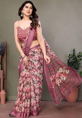 Peach Embroidered Blended Saree Set
