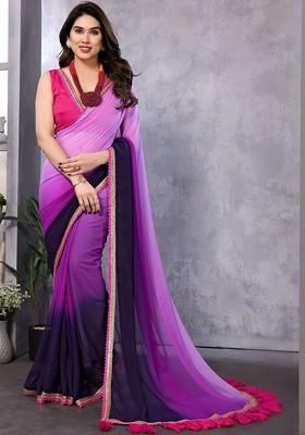 Purple Embroidered Blended Saree Set