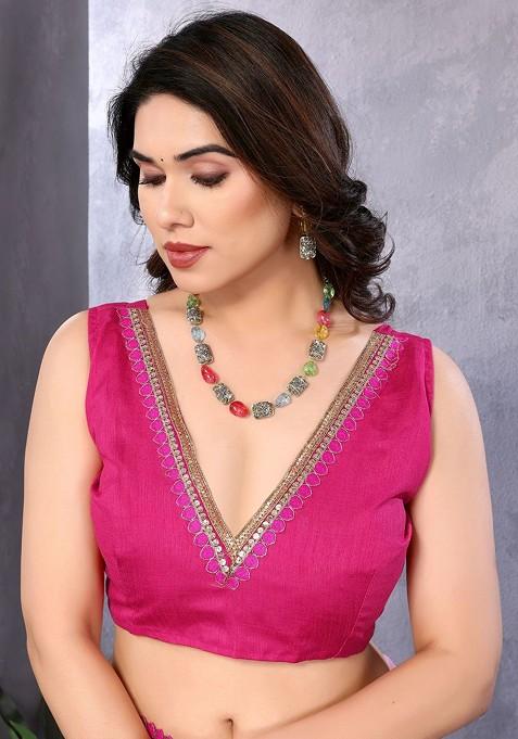 Pink Embroidered Blended Saree Set