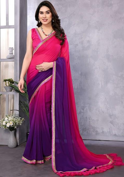Pink Embroidered Blended Saree Set