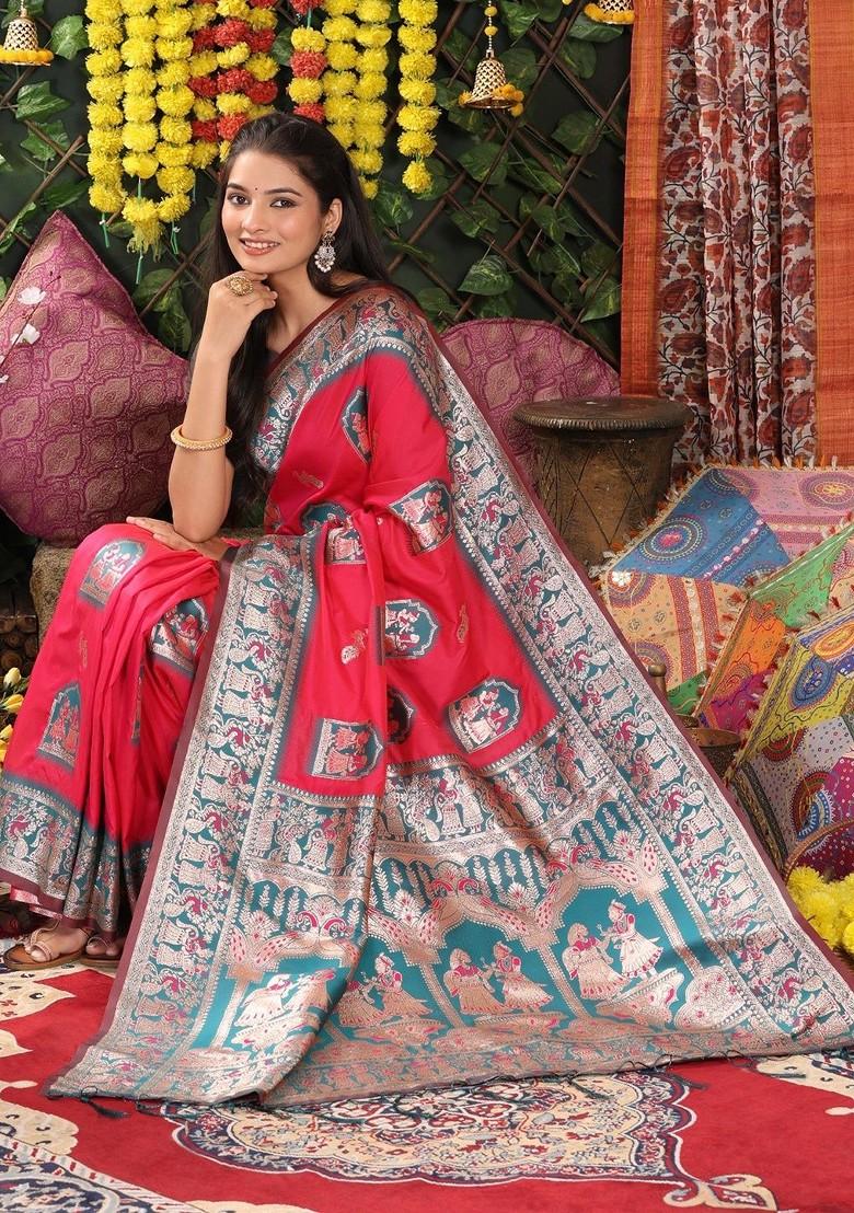 Pink Embroidered Blended Saree Set