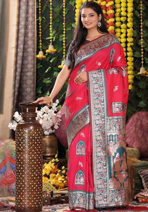 Pink Embroidered Blended Saree Set