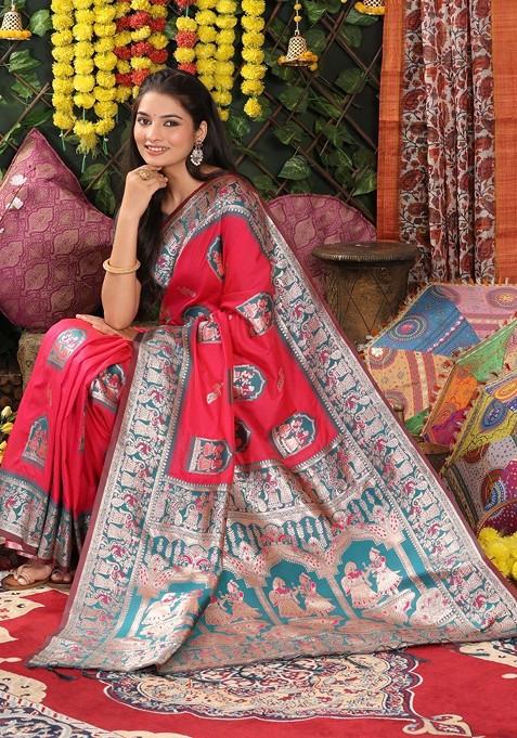 Pink Embroidered Blended Saree Set