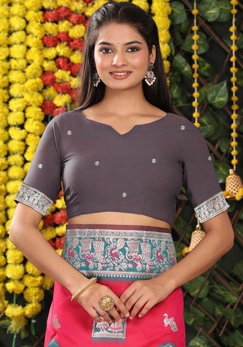 Pink Embroidered Blended Saree Set