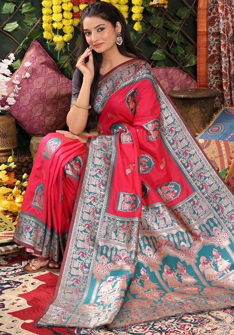 Pink Embroidered Blended Saree Set