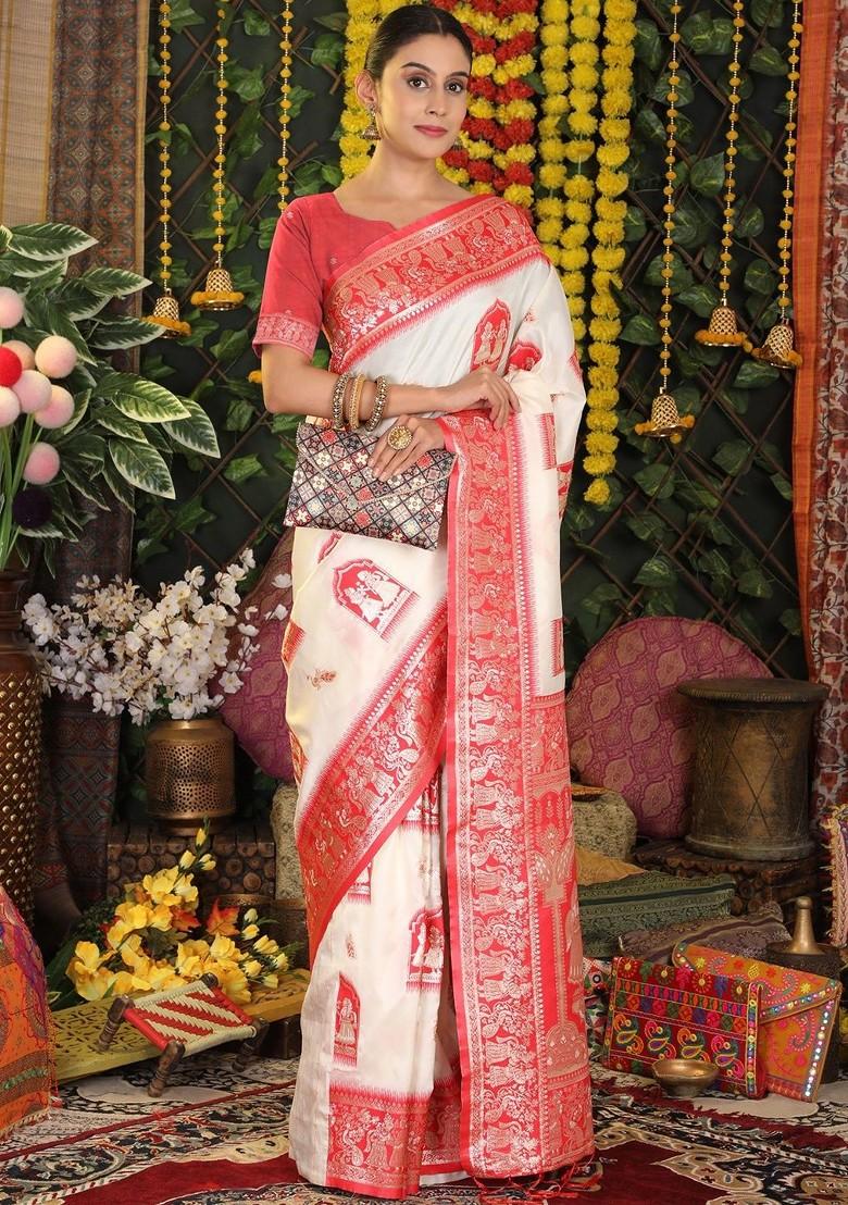 White Embroidered Blended Saree Set