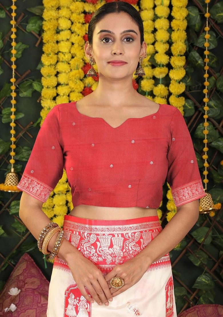 White Embroidered Blended Saree Set