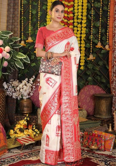 White Embroidered Blended Saree Set