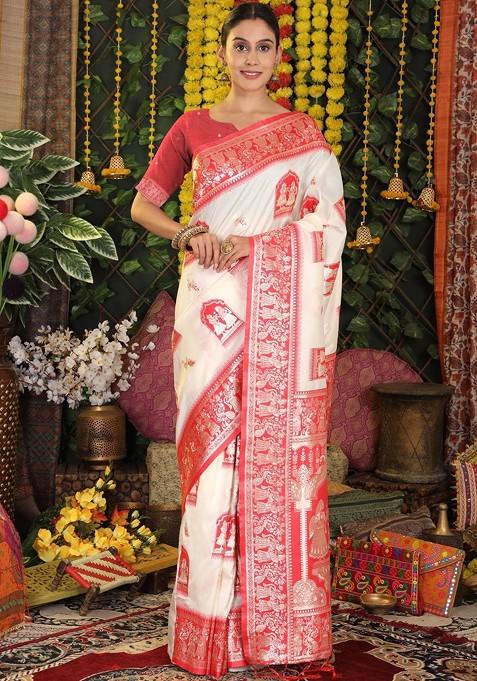 White Embroidered Blended Saree Set