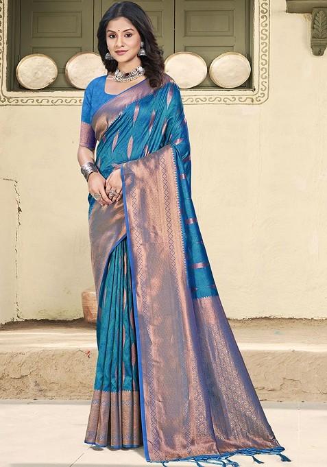 Blue Embroidered Blended Saree Set