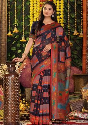 Navy Blue Embroidered Blended Saree Set