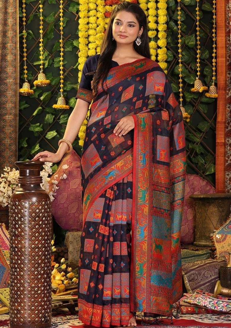 Navy Blue Embroidered Blended Saree Set - Indya