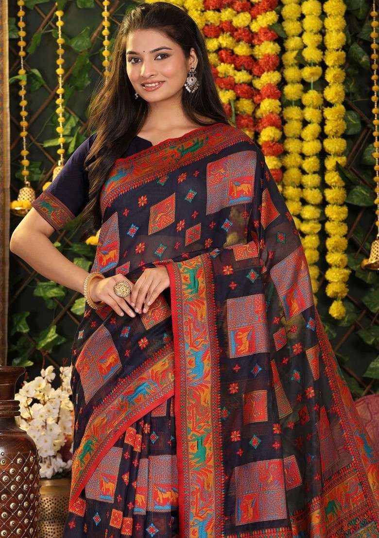 Navy Blue Embroidered Blended Saree Set - Indya