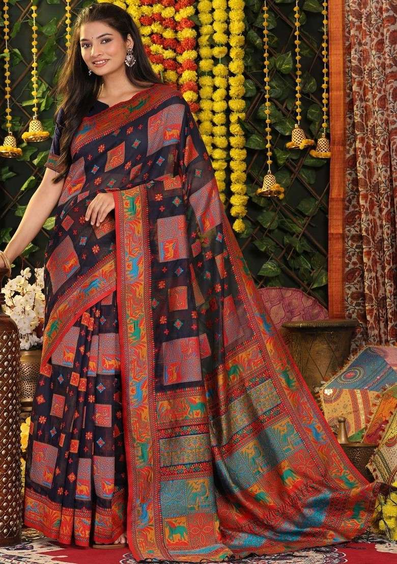 Navy Blue Embroidered Blended Saree Set - Indya