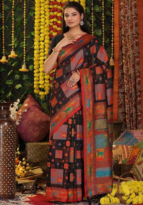 Black Embroidered Blended Saree Set