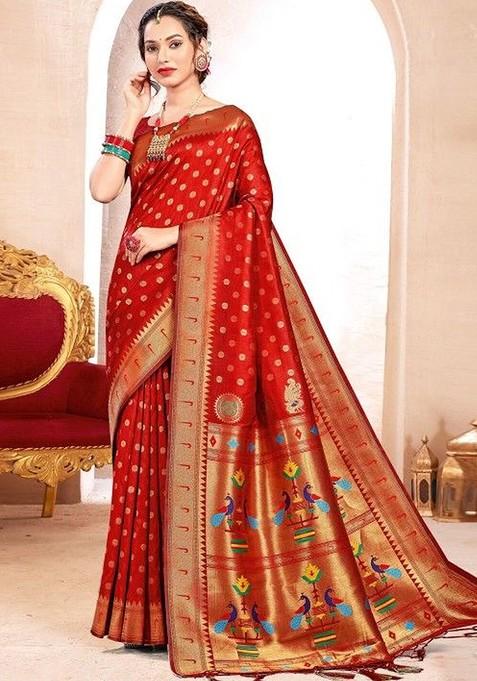 Red Embroidered Blended Saree Set — view on Indya