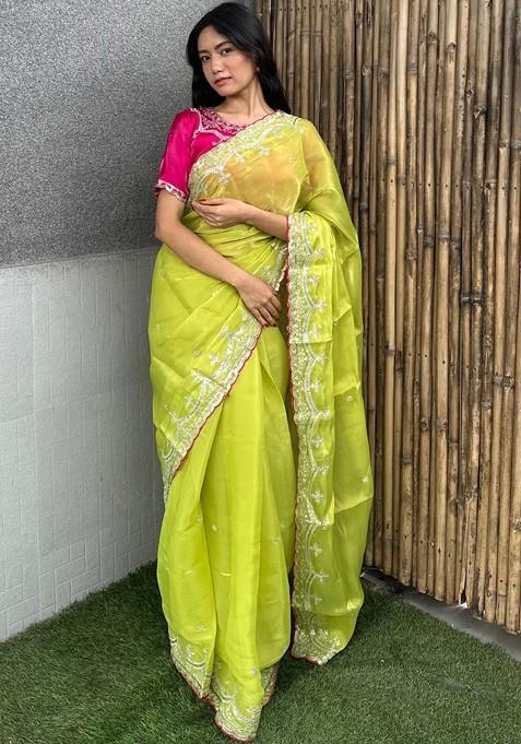 Olive Embroidered Blended Saree Set