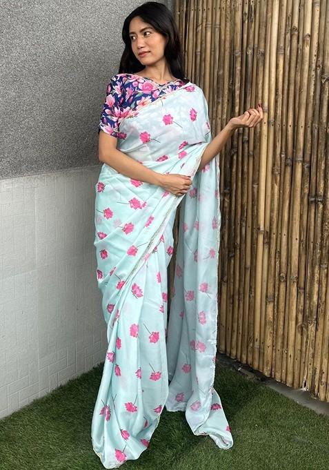 Blue Embroidered Blended Saree Set