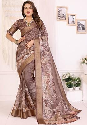 Brown Printed Blended Saree Set