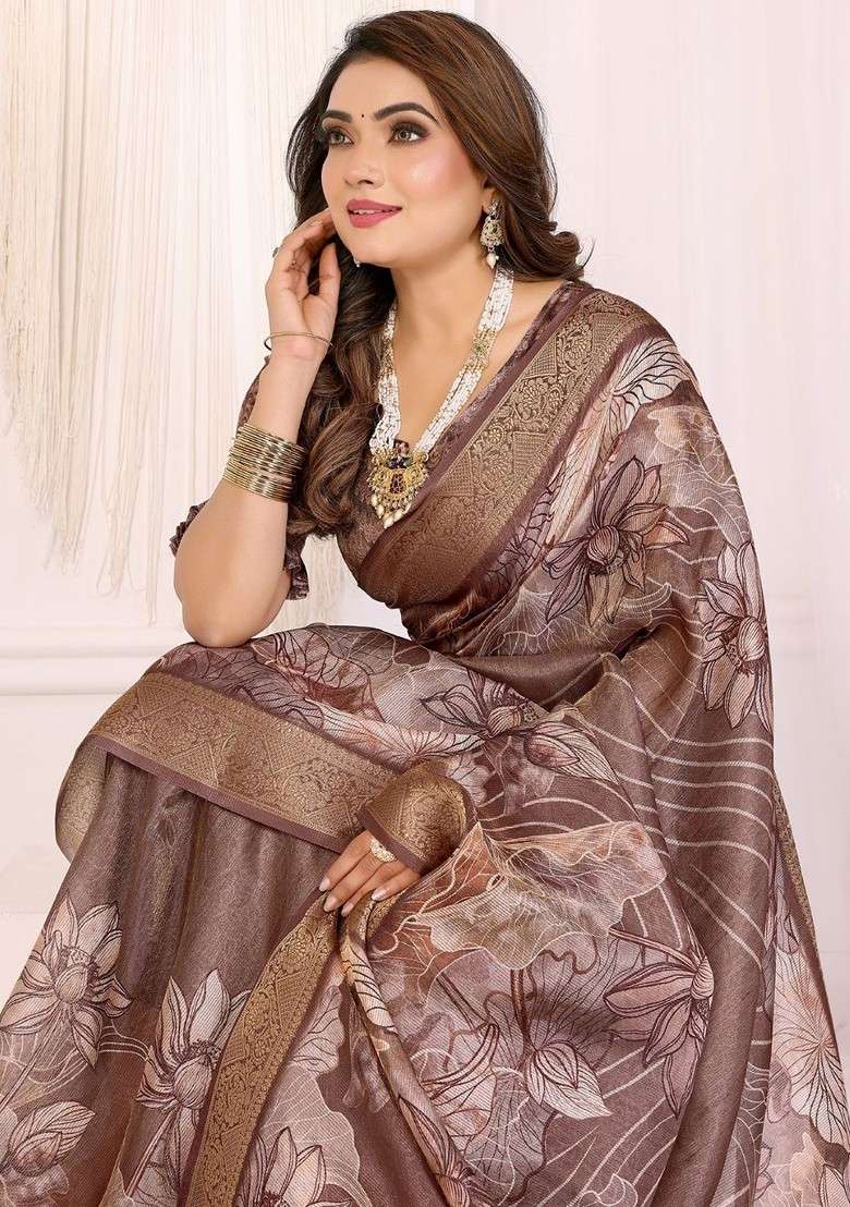 Brown Blended Saree Set with Printed for Diwali | Wedding & Festive Wear - Indya