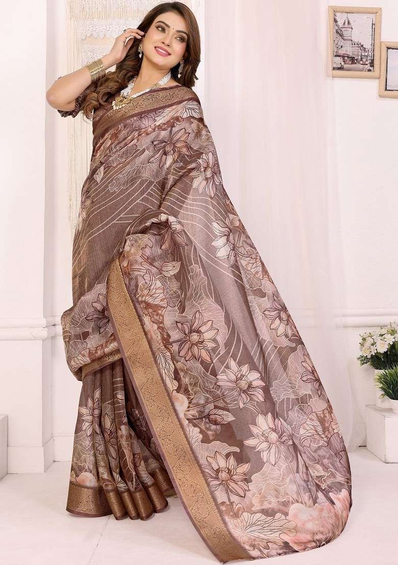 Brown Blended Saree Set with Printed for Diwali | Wedding & Festive Wear - Indya