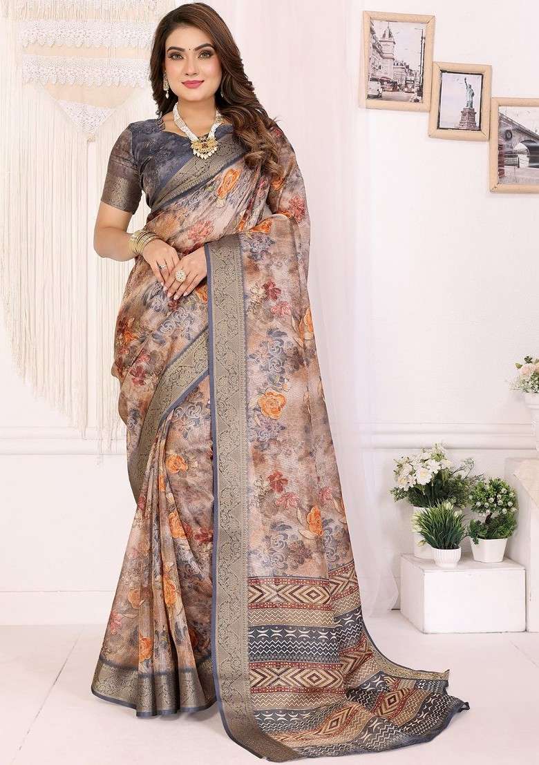 Beige Printed Blended Saree Set for Diwali and Festive Wear - Indya