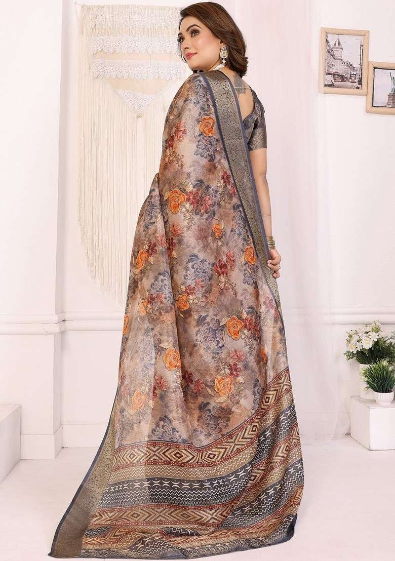 Beige Printed Blended Saree Set for Diwali and Festive Wear - Indya