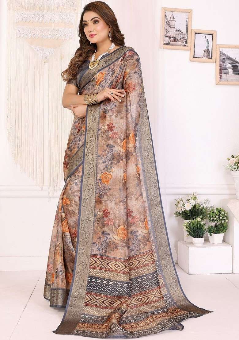 Beige Printed Blended Saree Set for Diwali and Festive Wear - Indya