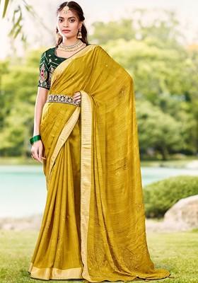 Mustard Embroidered Blended Saree Set