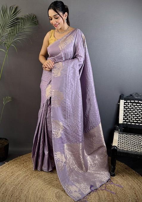 Lavender Embroidered Blended Saree Set
