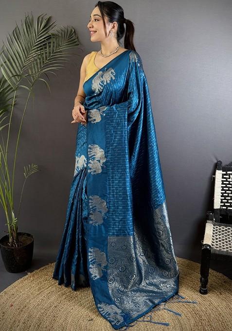 Blue Embroidered Blended Saree Set