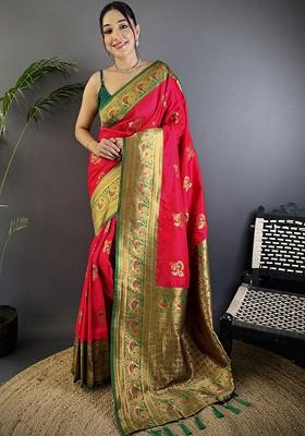 Magenta Embroidered Blended Saree Set