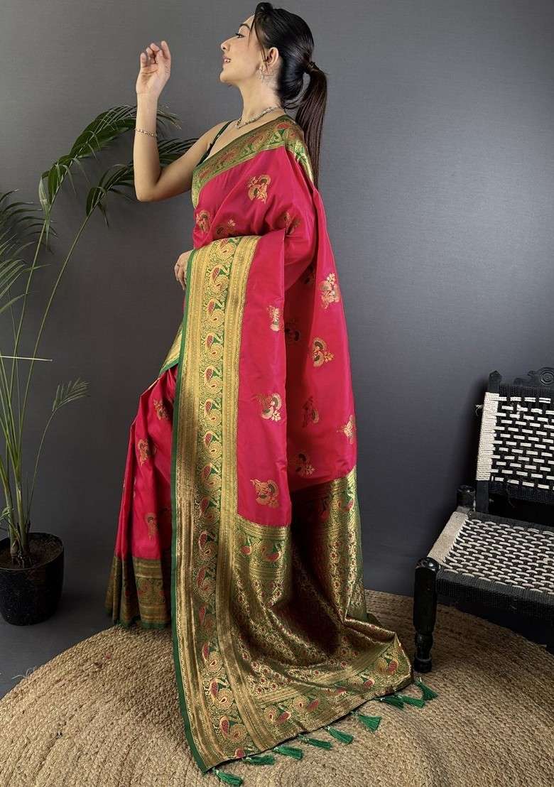 Magenta Blended Saree Set with Embroidered for Diwali | Wedding & Festive Wear - Indya