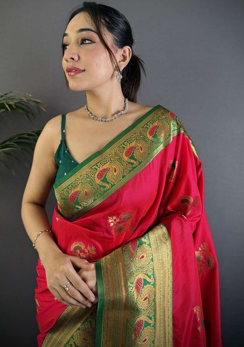 Magenta Blended Saree Set with Embroidered for Diwali | Wedding & Festive Wear - Indya